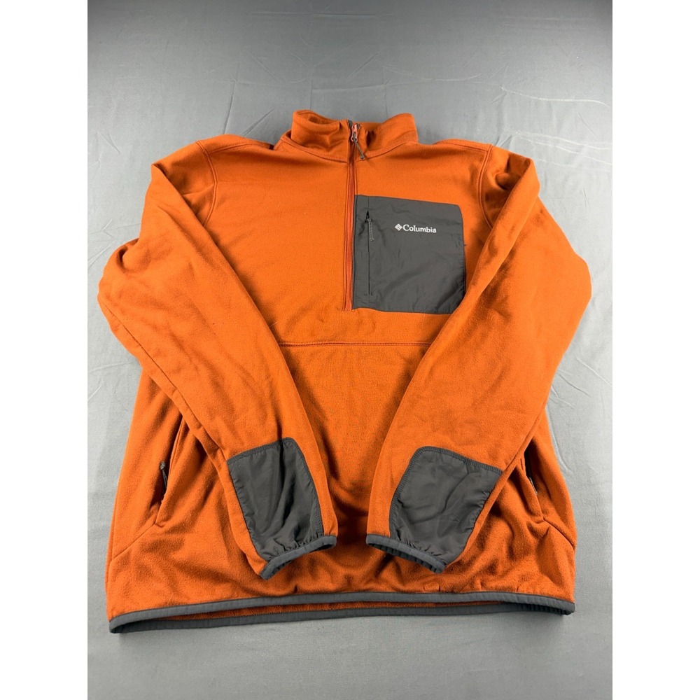 Columbia Mens Large Orange Fleece 1/4 Zip Pullover Black Chest Pocket Outdoor